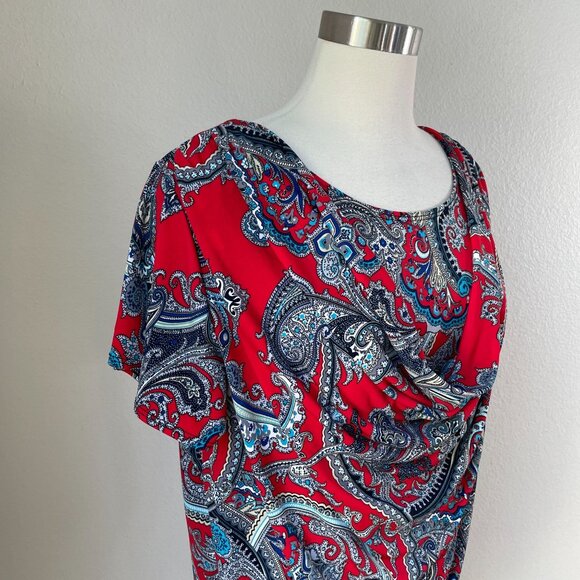 Roz & Ali Womens Plus 2X Paisley Drape Neck Top Stretch Shirt Short Sleeve - Picture 2 of 9